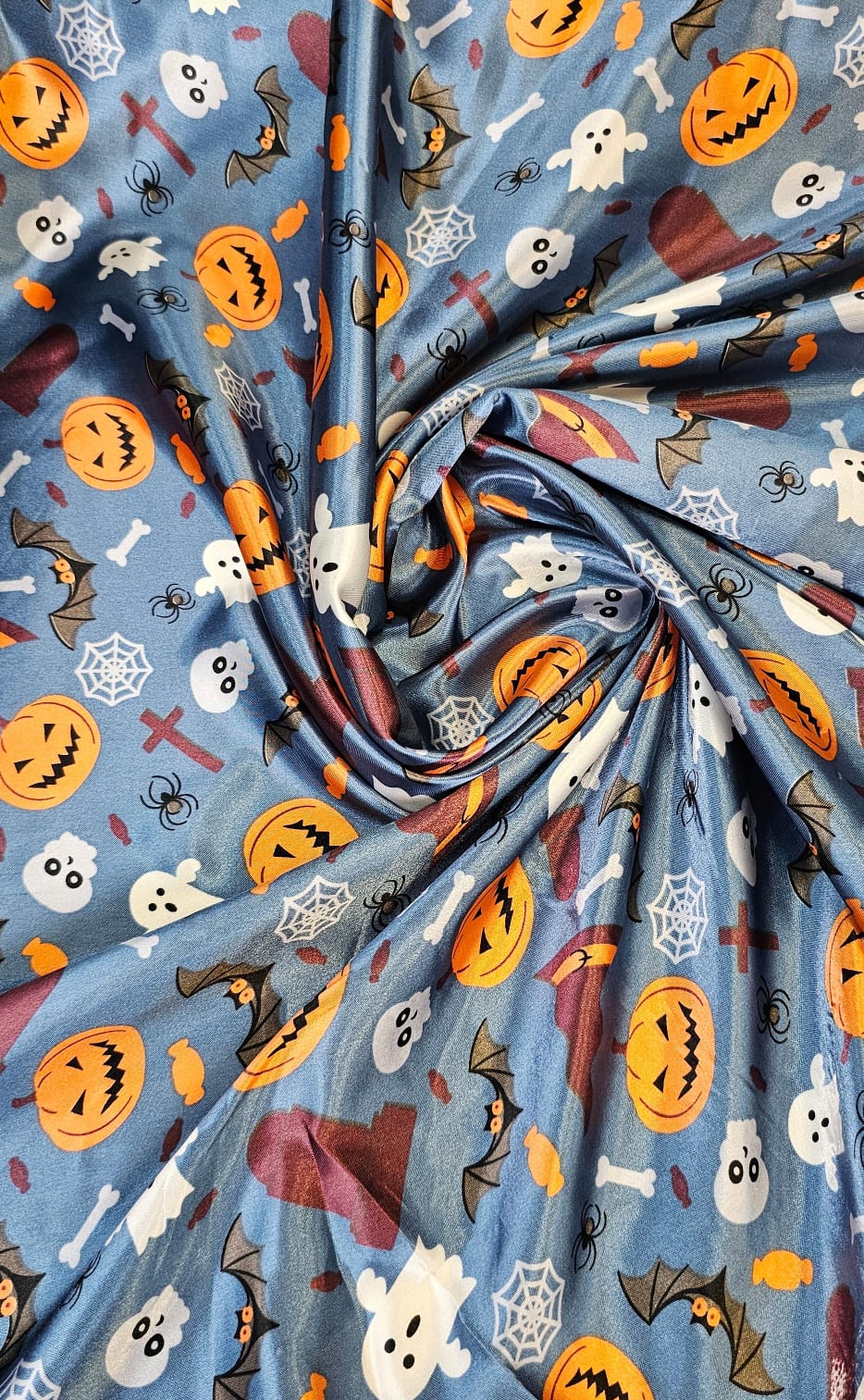 Cetim Estampado  Fundo Azul Jeans Halloween Abóboras - Largura 1,47 m x Comprimento 2,50 m 