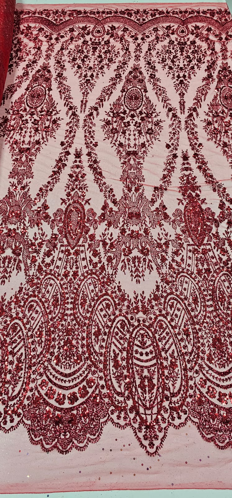 Tule Bordado com Glitter e Paetê Vermelho Modelo 3563 - Largura 1,45 m x Comprimento 3 m