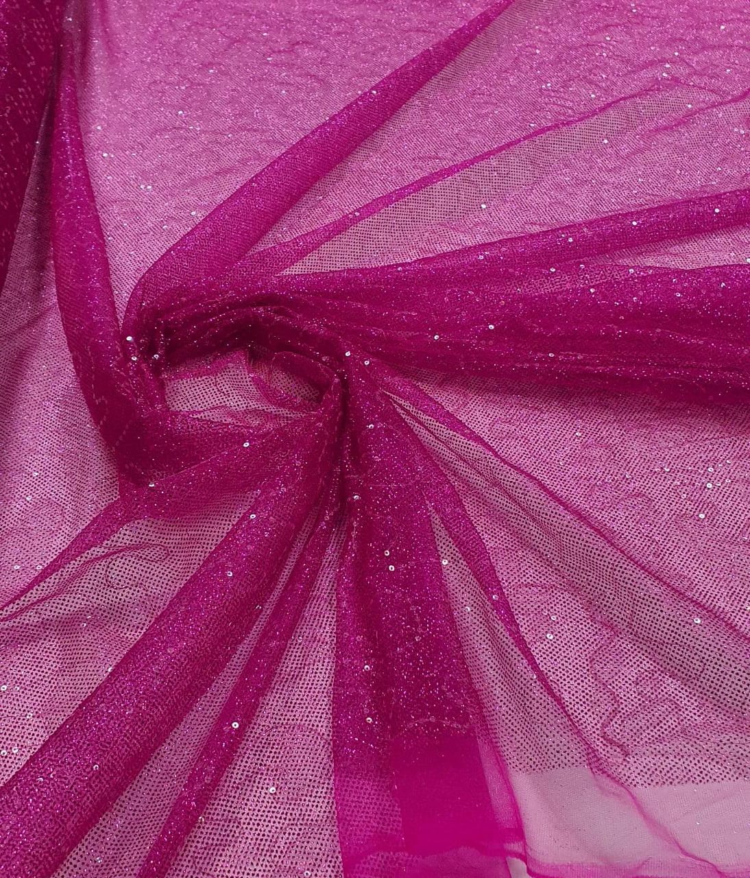 Tule Bordado com Glitter Pink com Caminho Sem Fim - Largura 1,60 m x Comprimento 3 m 