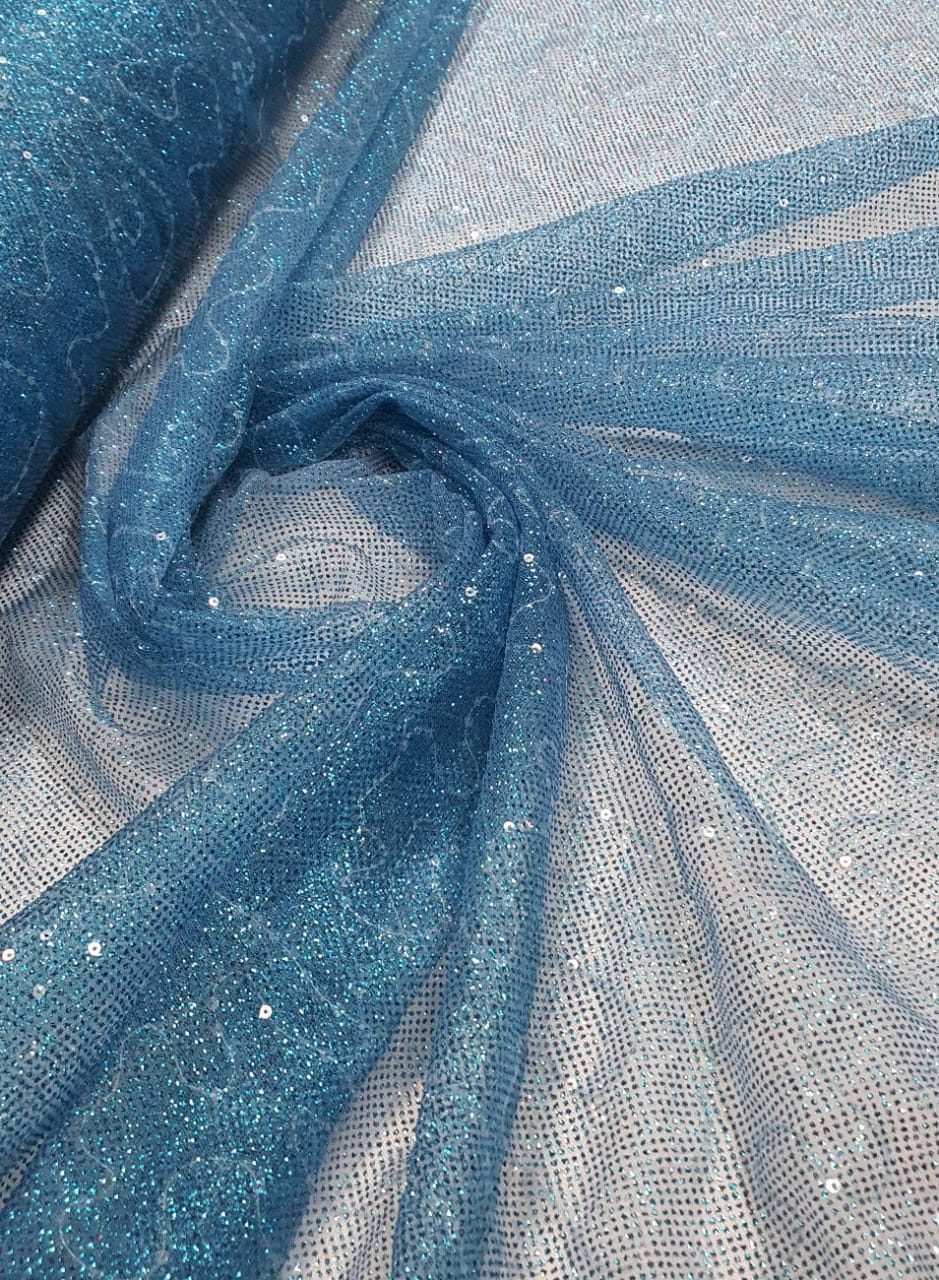 Tule Bordado com Glitter Azul Turquesa com Caminho Sem Fim - Largura 1,60 m x Comprimento 1 m 