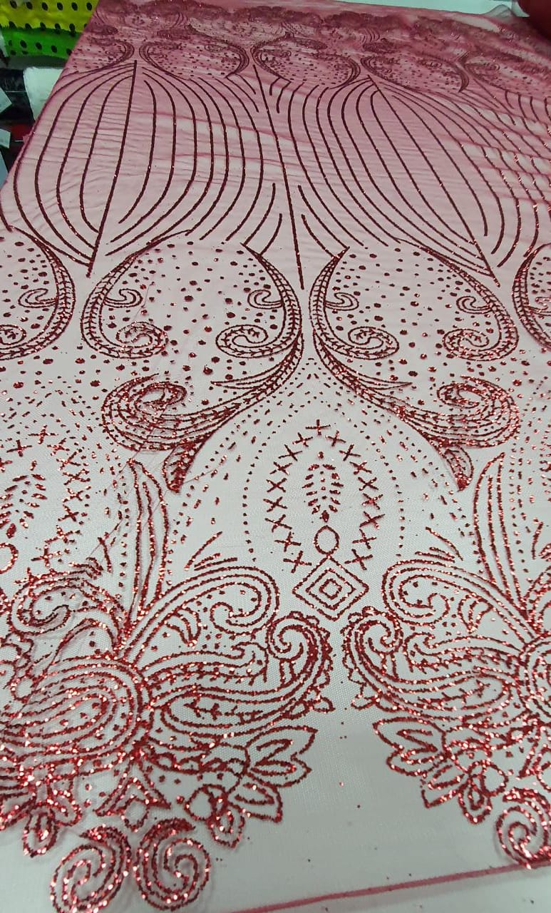 Tule Bordado Arabescos Luxo com Glitter Vermelho Cereja  - Largura 1,40 m x Comprimento 3 m 