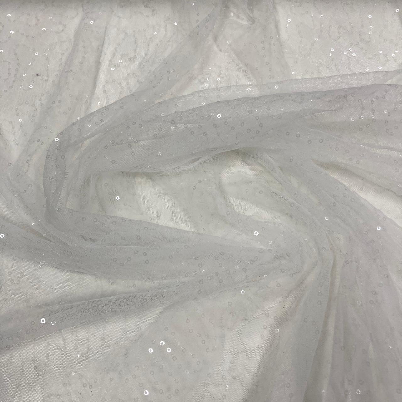 Tule Bordado Caminho Sem Fim Branco com Paetê Transparente - Largura 1,30 m x Comprimento 1,50 m 