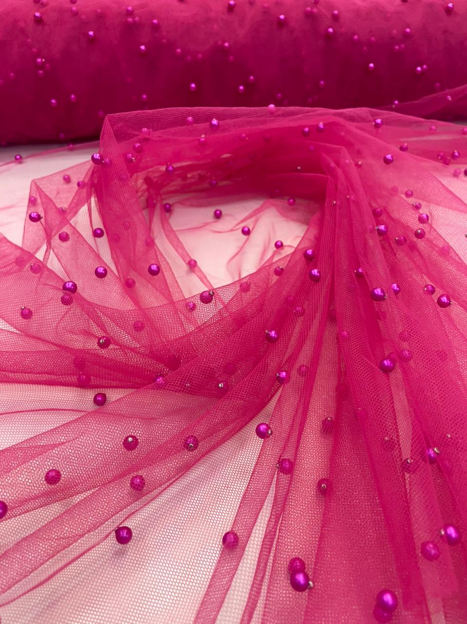 Tule Iluzione com Pérolas Pink - Largura 1,60 m x Comprimento 2,50 m  
