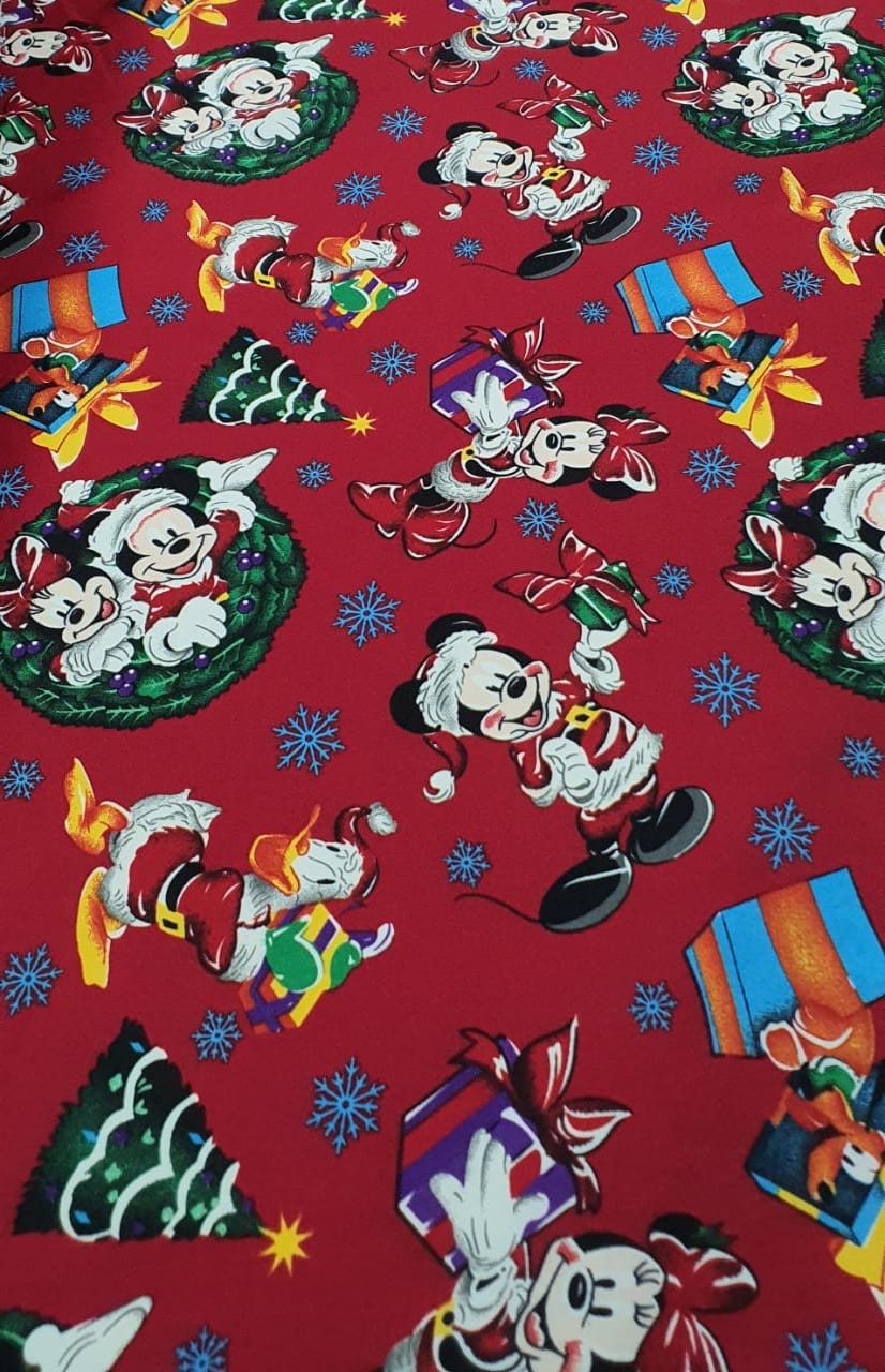 Oxford Estampado Natalino Mickey Fundo Vermelho - Largura 1,47 m x Comprimento 4 m 