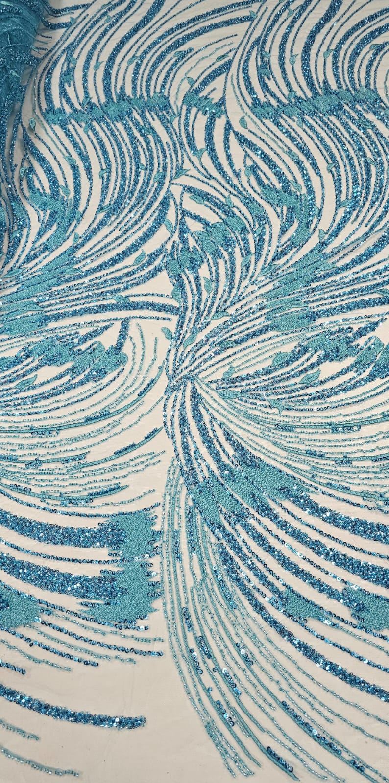 Tule Bordado Premium com Pedrarias Azul Turquesa HS1869  - largura 1,30 m x Comprimento 0,70 cm