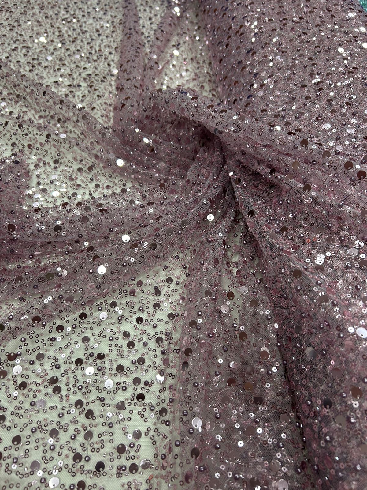Tule Bordado com Paetês e Pedrarias Rosê - Largura 1,30 M X Comprimento 1 m 
