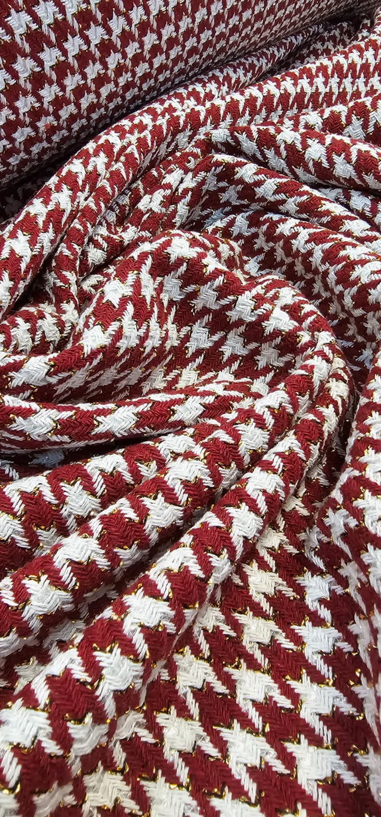 Tweed Premium Pesado Pied de Poule Marsala com Fio Metálico - Largura 1,47 m x Comprimento 1 m 