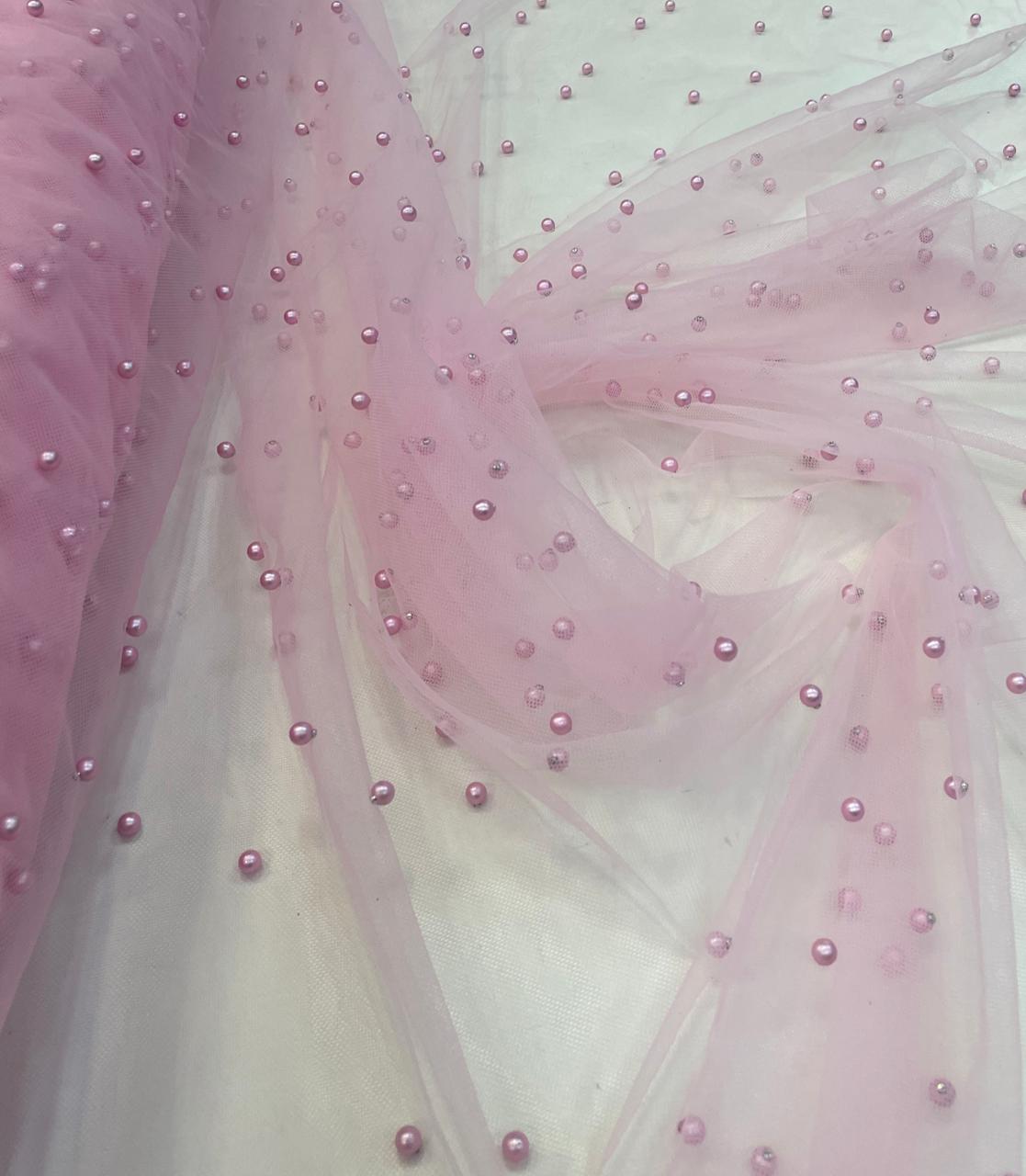 Tule Iluzione com Pérolas Rosa Bebê - Largura 1,60 m x Comprimento 0,80 cm