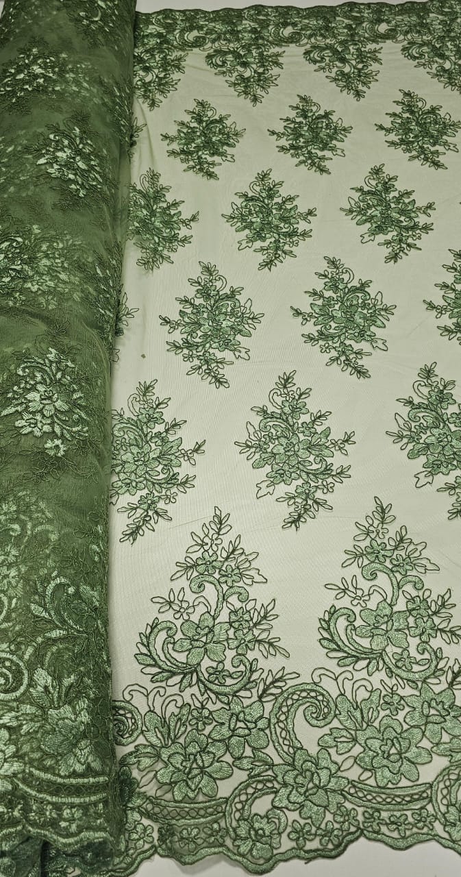 Tule Bordado Europa com Soutache Verde Malva Milão - Comprimento 1 m x Largura 1,35 m