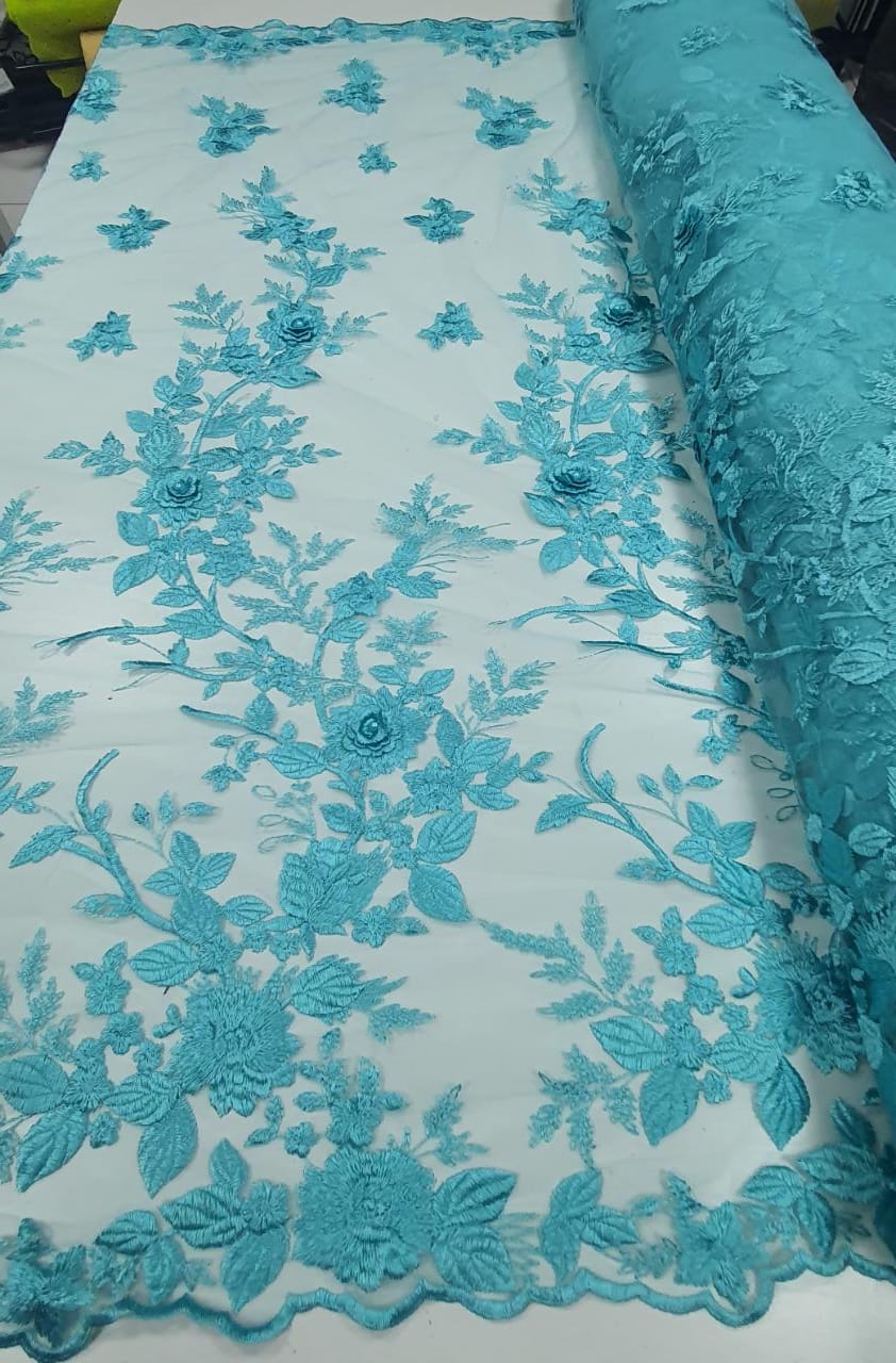 Tule Bordado 3D Verde Tiffany Modelo FA17 - Comprimento 2,70 m x Largura 1,40 m 