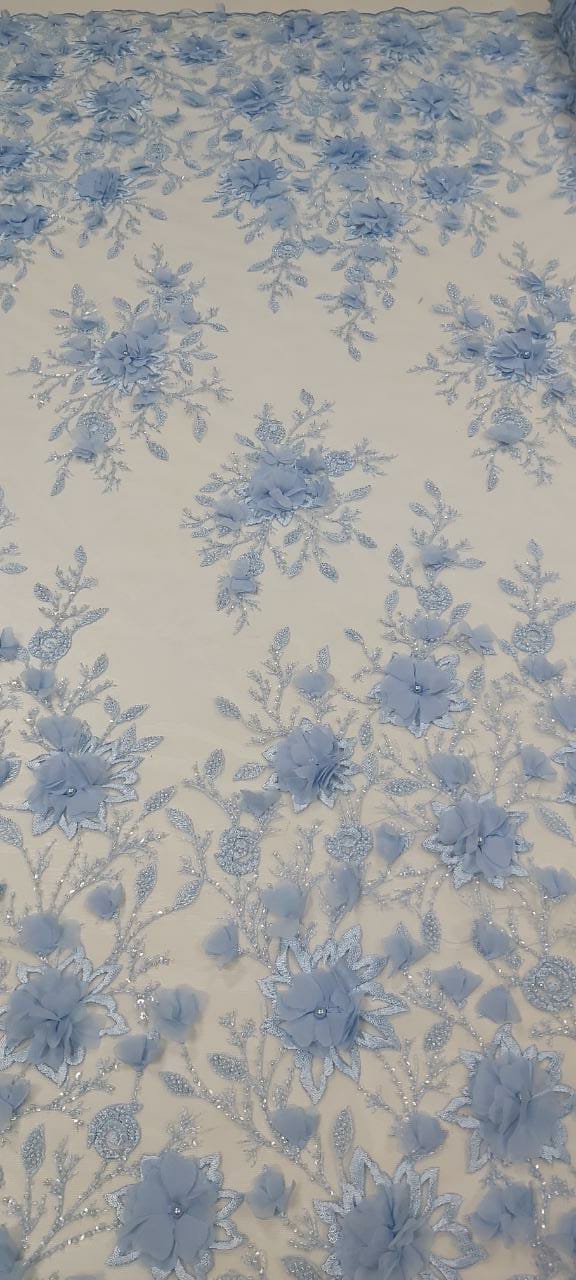 Tule Bordado Com Pedrarias e Bordados em 3D Premium Azul Serenity - Comprimento 0,90 cm x Largura 1,30 m 