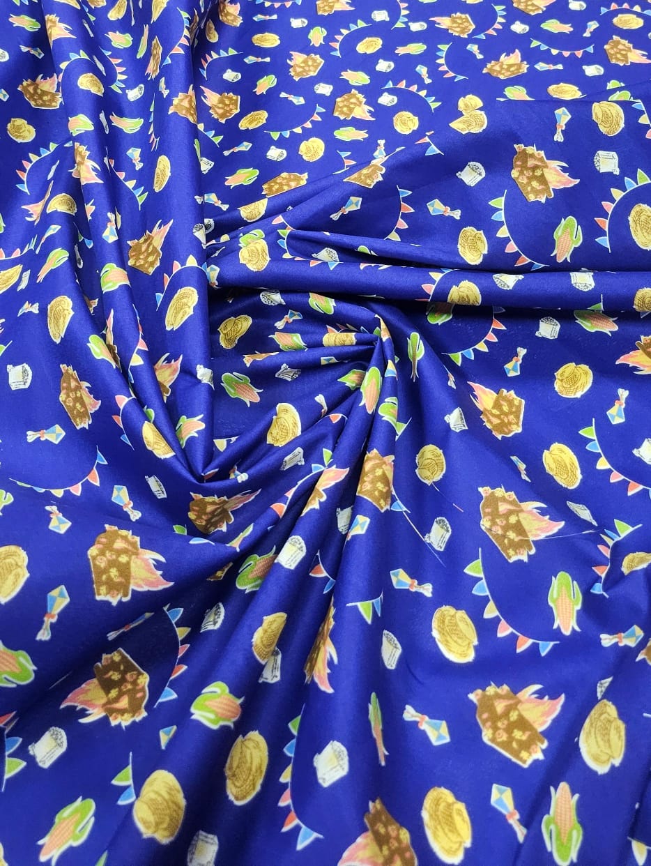 Chitão Estampada Festa Junina Fundo Azul CORTE TORTO - Comprimento 1,40 m x Largura 1,45 m