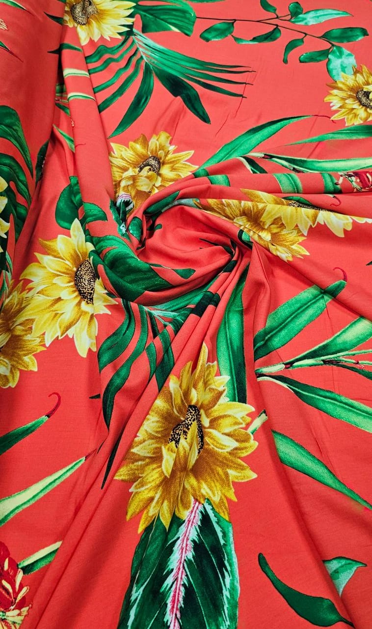 Popeline de Viscose Estampada Girassol Fundo Coral - Comprimento 1 m x Largura 1,47 m