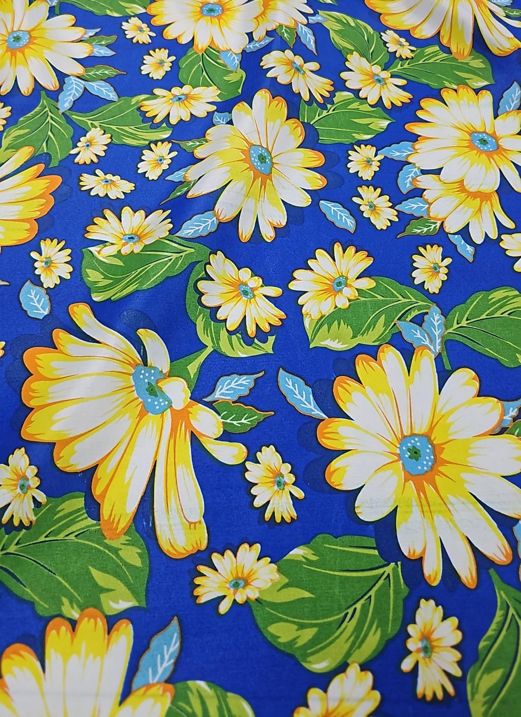 Chitão Estampado Fundo Azul com Margaridas - Comprimento 3,50 m x Largura 1,40 m