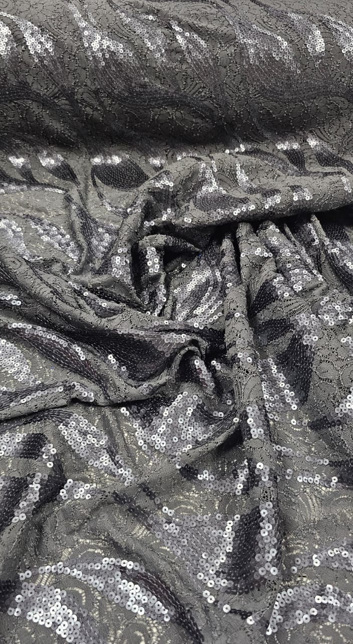 Renda Bordado com Paetê Monte Carlo Cinza Chumbo - Comprimento 0,90 cm x Largura 1,50 m 