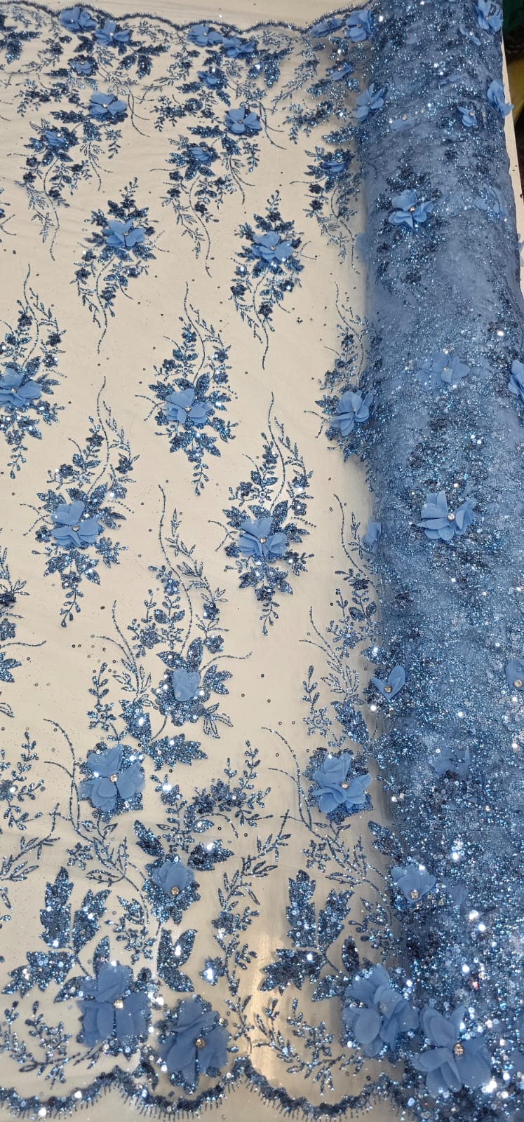 Tule Bordado com Glitter  3D Azul Serenity ST3853   - Comprimento 0,90 cm x Largura 1,40 m