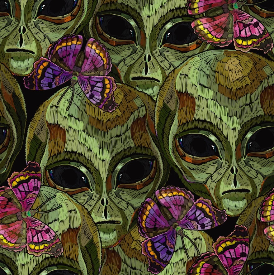 Cetim Estampado Digital Aliens Fundo Preto - Comprimento 1,60 m x Largura 1,47 m