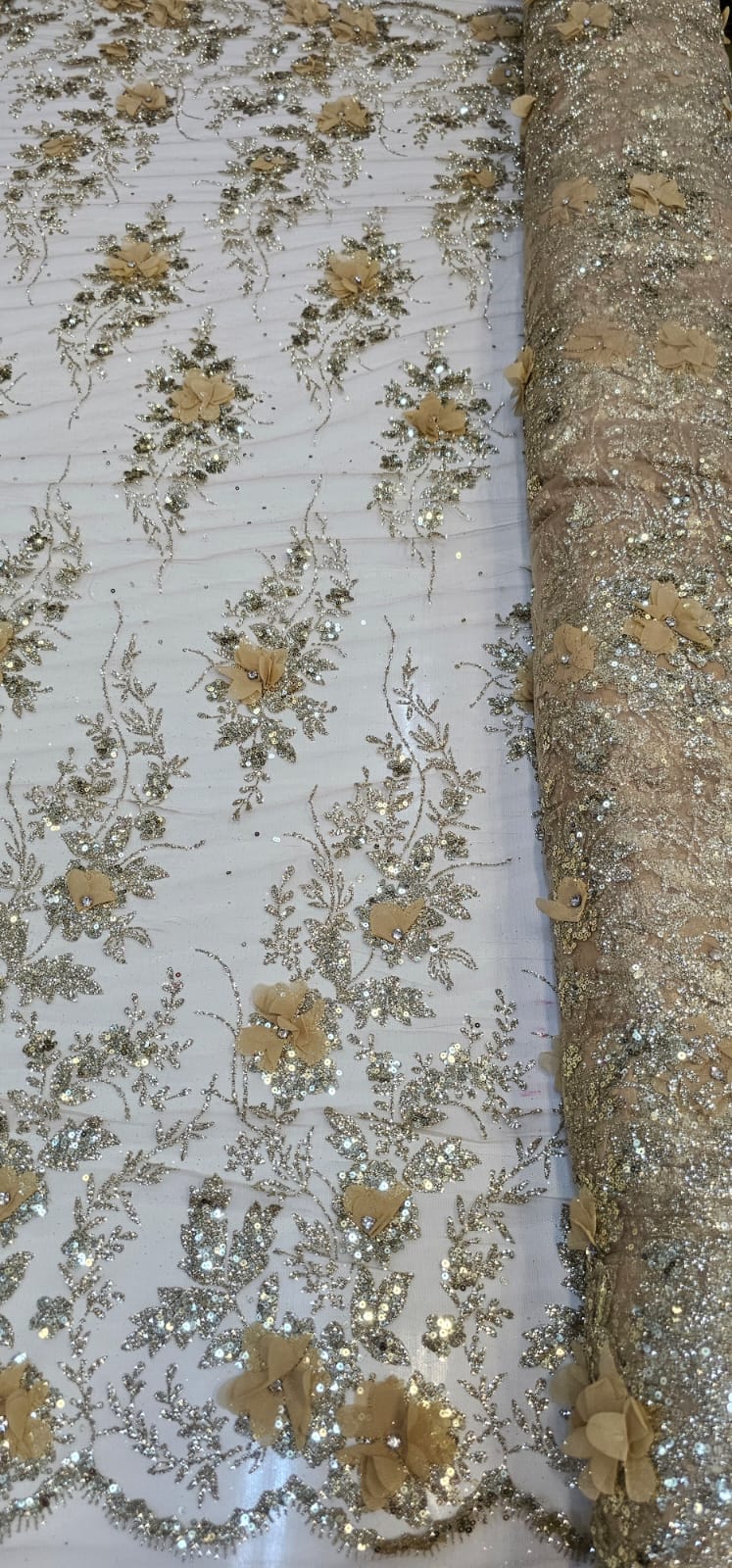 Tule Bordado com Glitter  3D Dourado ST3853   - Comprimento 0,90 cm x Largura 1,40 m