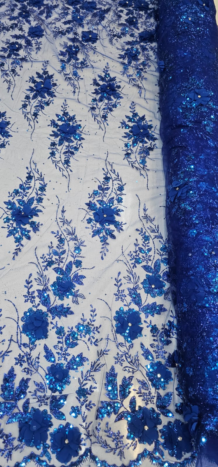 Tule Bordado com Glitter  3D Azul Royal ST3853   - Comprimento 0,60 cm x Largura 1,40 m
