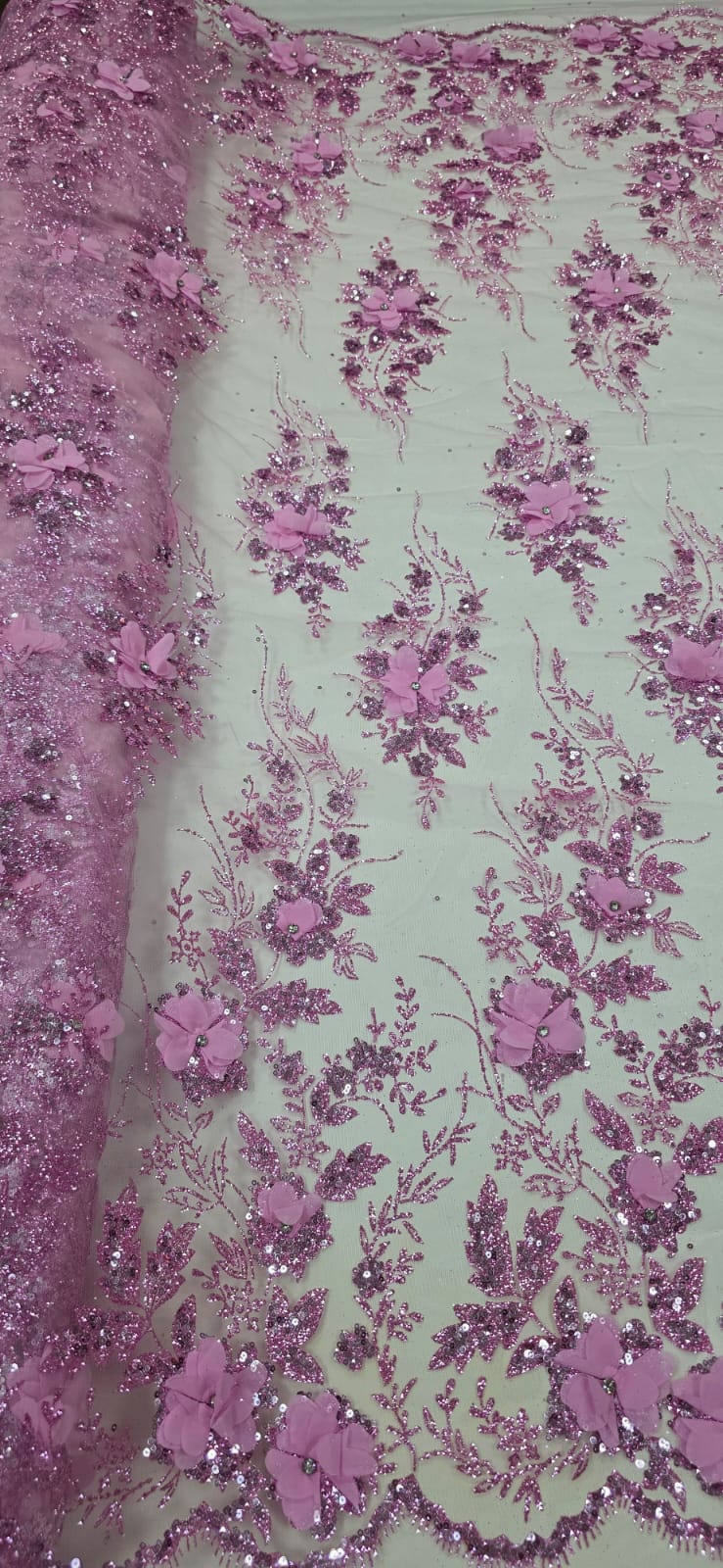 Tule Bordado com Glitter 3D Rosa Bebê ST3853 - Comprimento 1 m x Largura 1,40 m