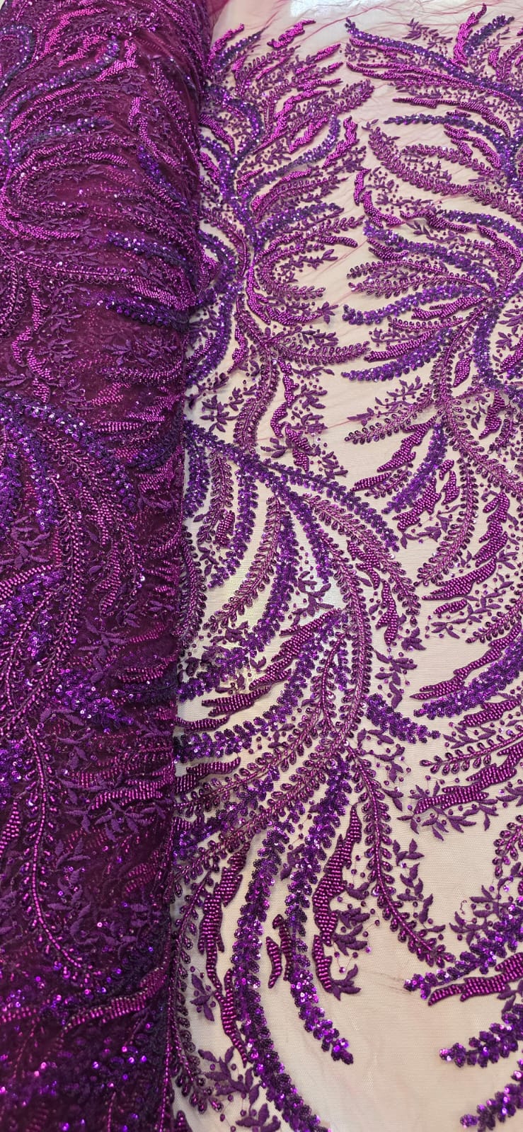 Tule Bordado com Pedrarias Premium Roxo com Fúcsia HS1549 - Comprimento 0,65 cm x Largura 1,35 m