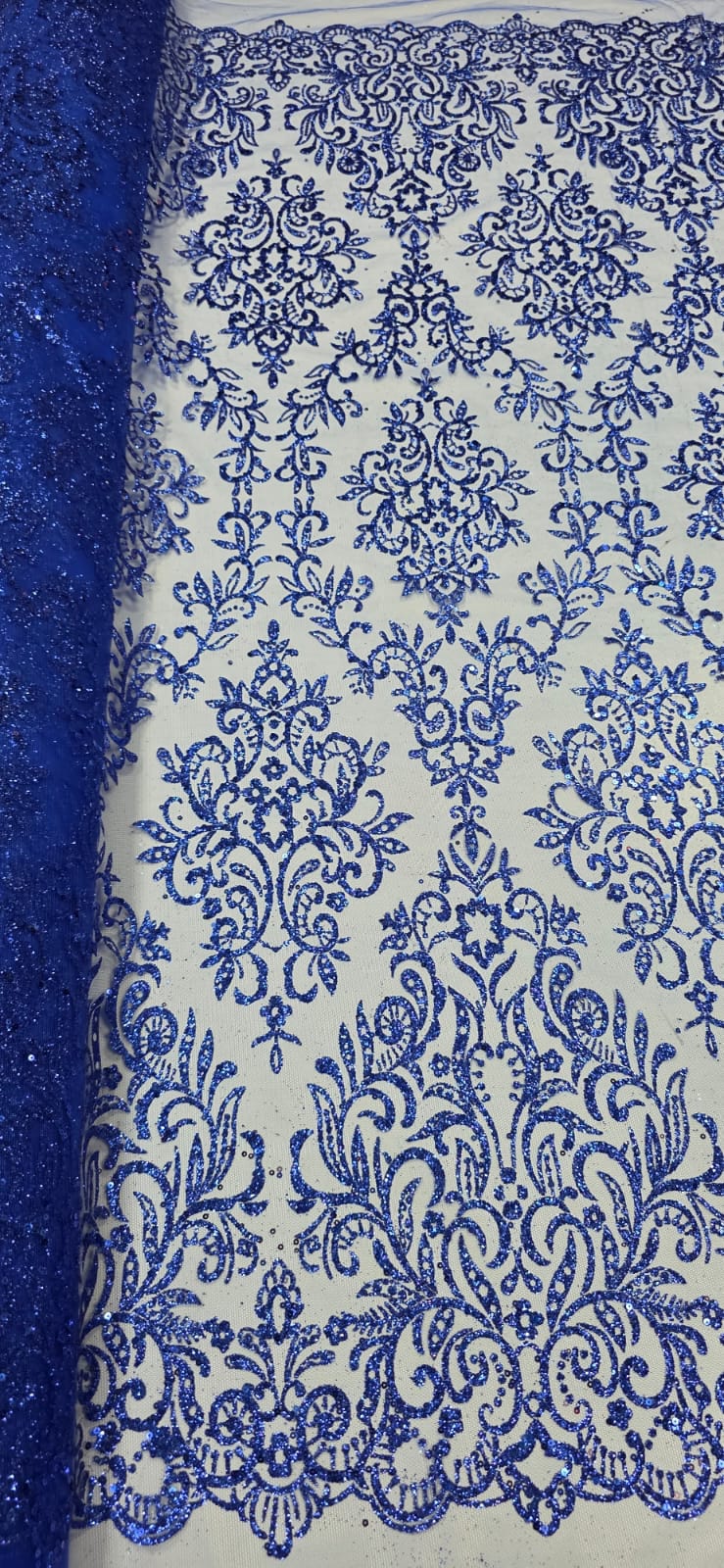 Tule Arabesco com Glitter e Paetê Azul Royal 306LX COM DEFEITO - Comprimento 140 m x Largura 1,30 m