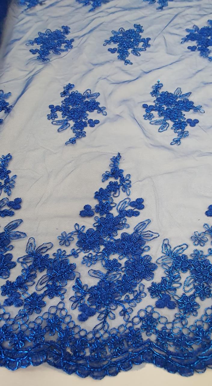 Tule Bordado Europa Flores Azul Royal Com Fio Metálico