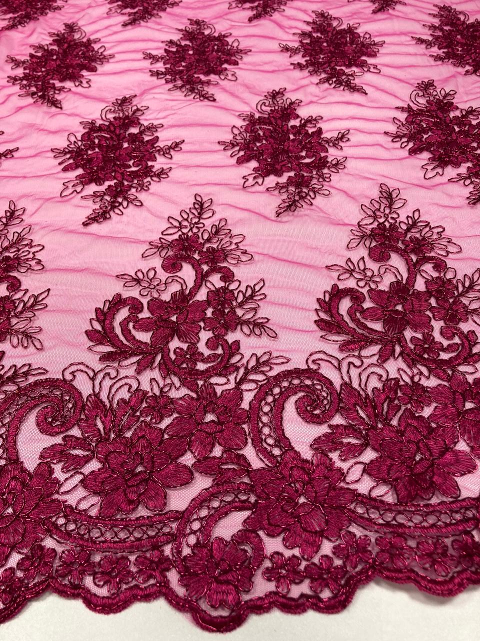 Tule Bordado Europa Flores Rosa Pink Com Fio Metálico Marsala