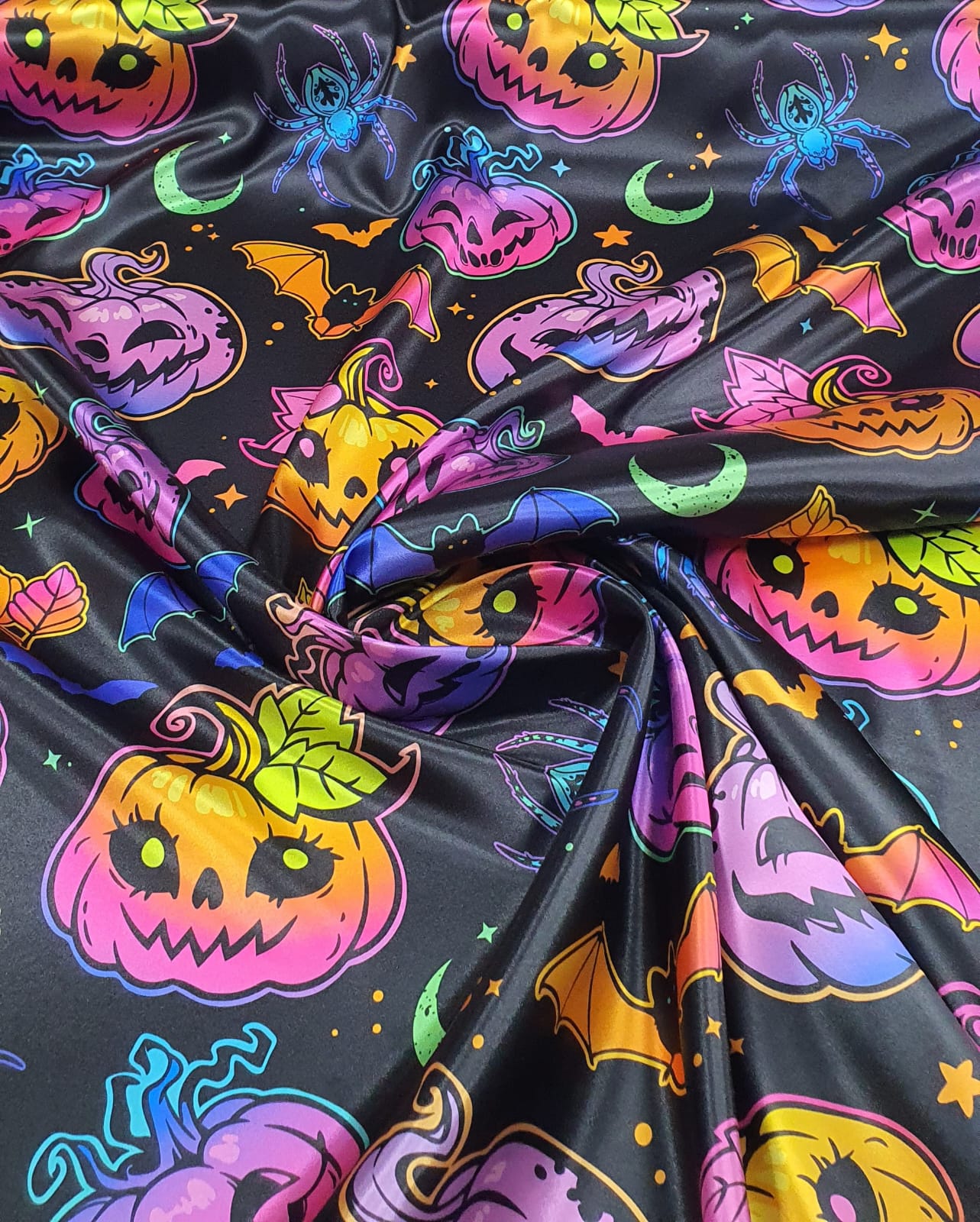 Cetim Estampado Digital Halloween Abóboras Coloridas