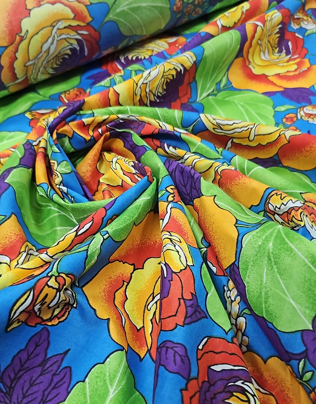 Chitão Estampado Fundo Azul Multicolor
