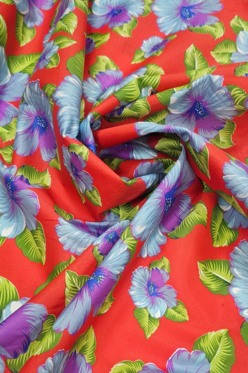 Chitão Estampado Fundo Vermelho Flores Azuis STC