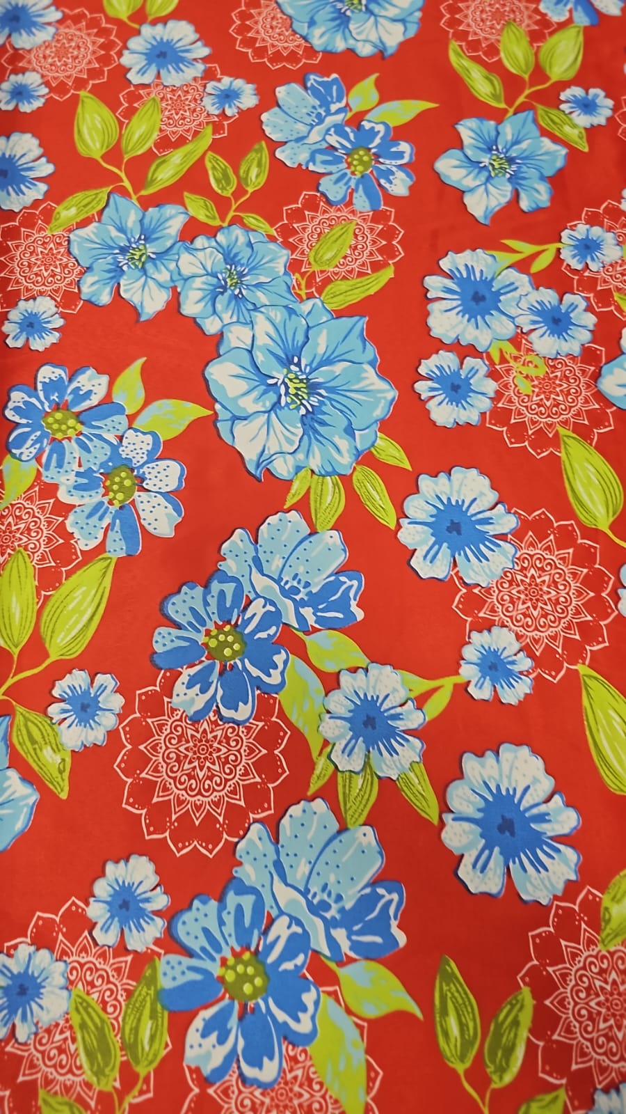 Chitão Estampado Fundo Vermelho Flores Azul Turquesa STC