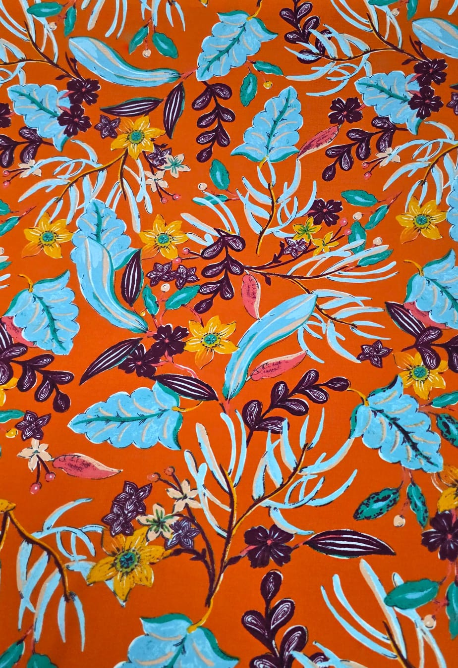 Crepe Duna Digital Fundo Laranja Floral