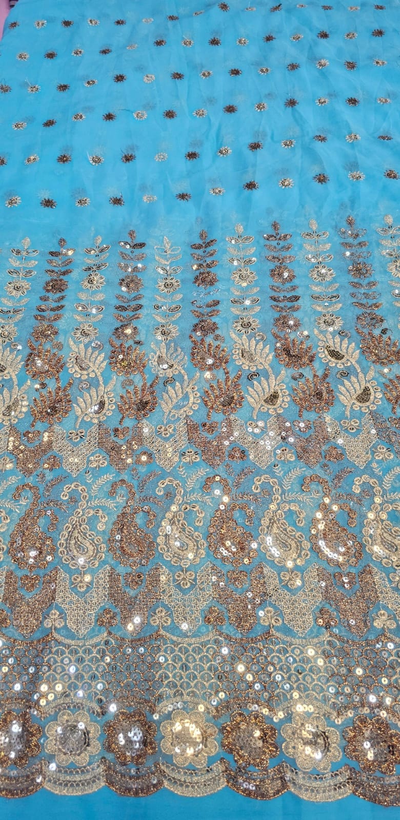 Mousseline Toque de Seda Bordada Indiana Azul Turquesa