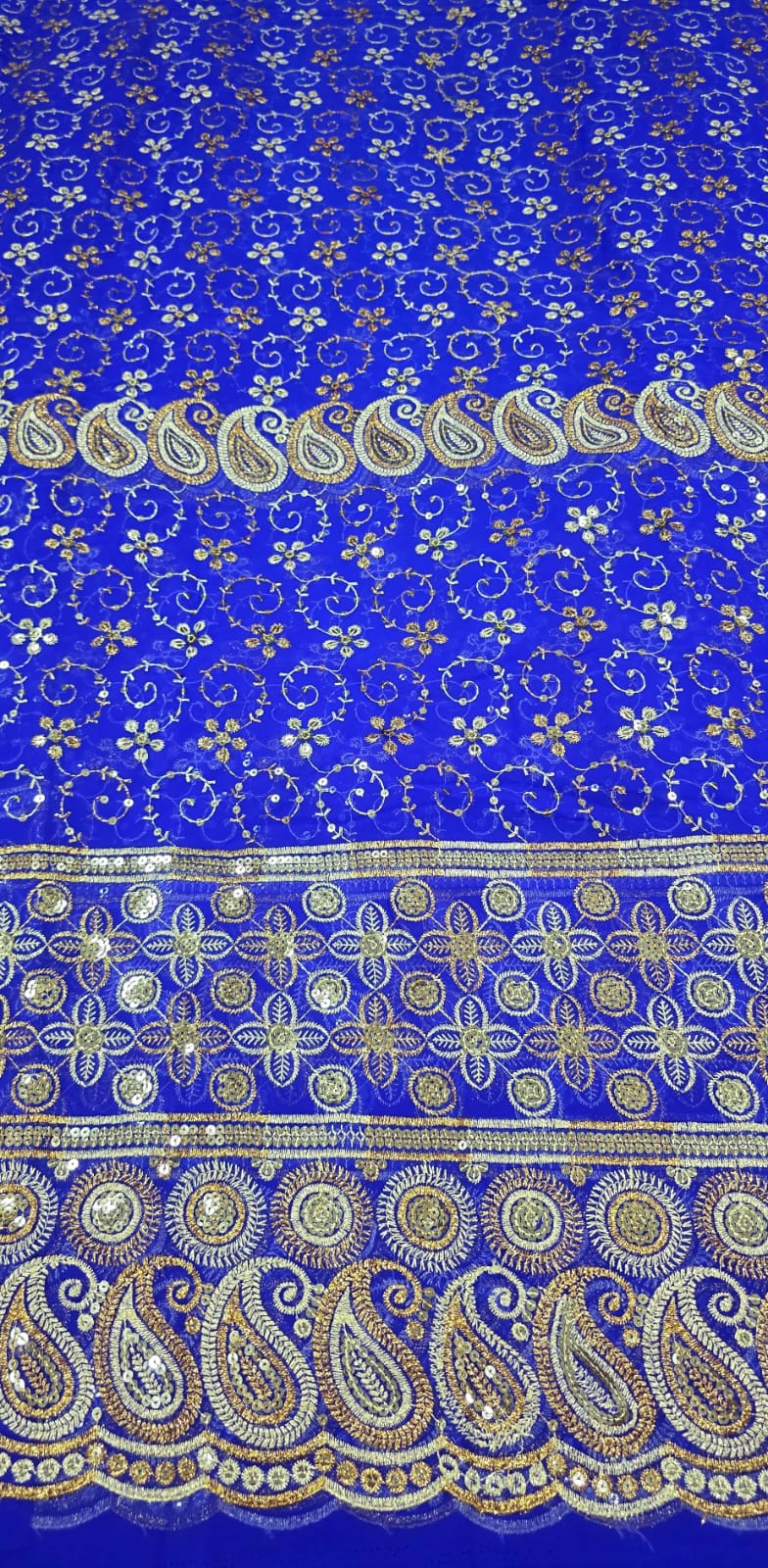 Mousseline Toque de Seda Bordada Indiana Cachemire Azul Royal