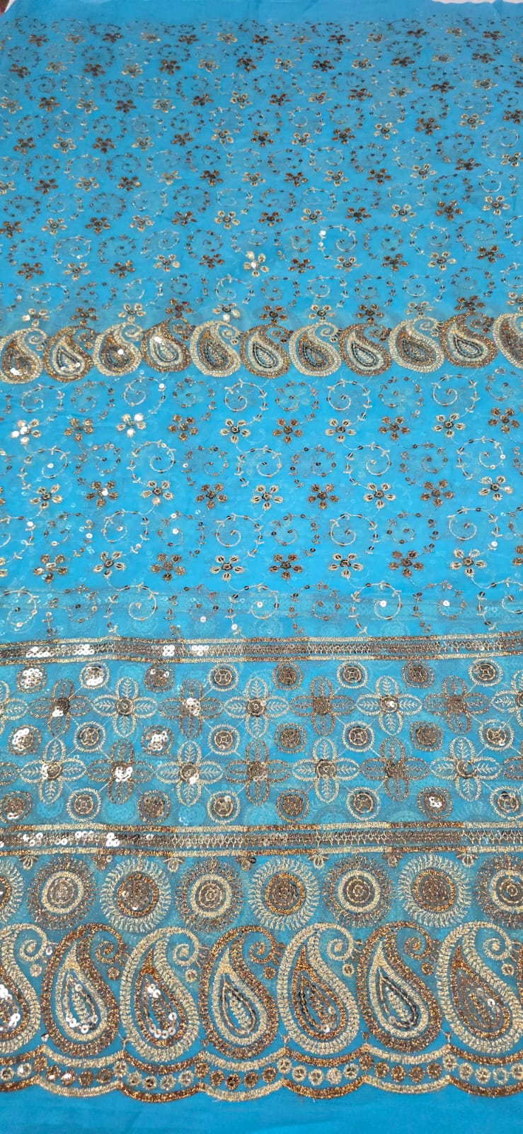 Mousseline Toque de Seda Bordada Indiana Cachemire Azul Turquesa