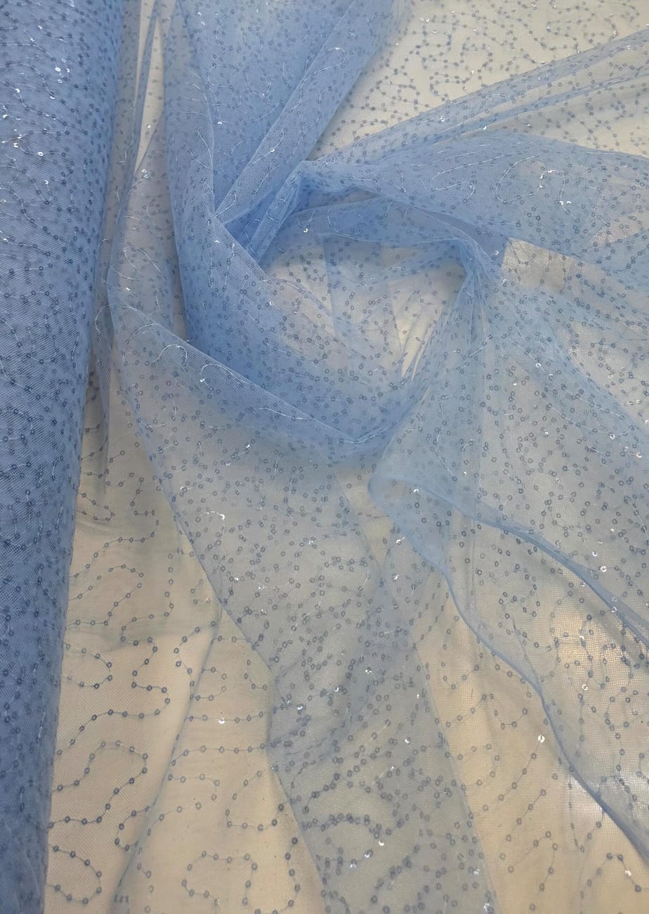 Tule Bordado Caminho Sem Fim  Azul Bebê com Paetê Infinity 