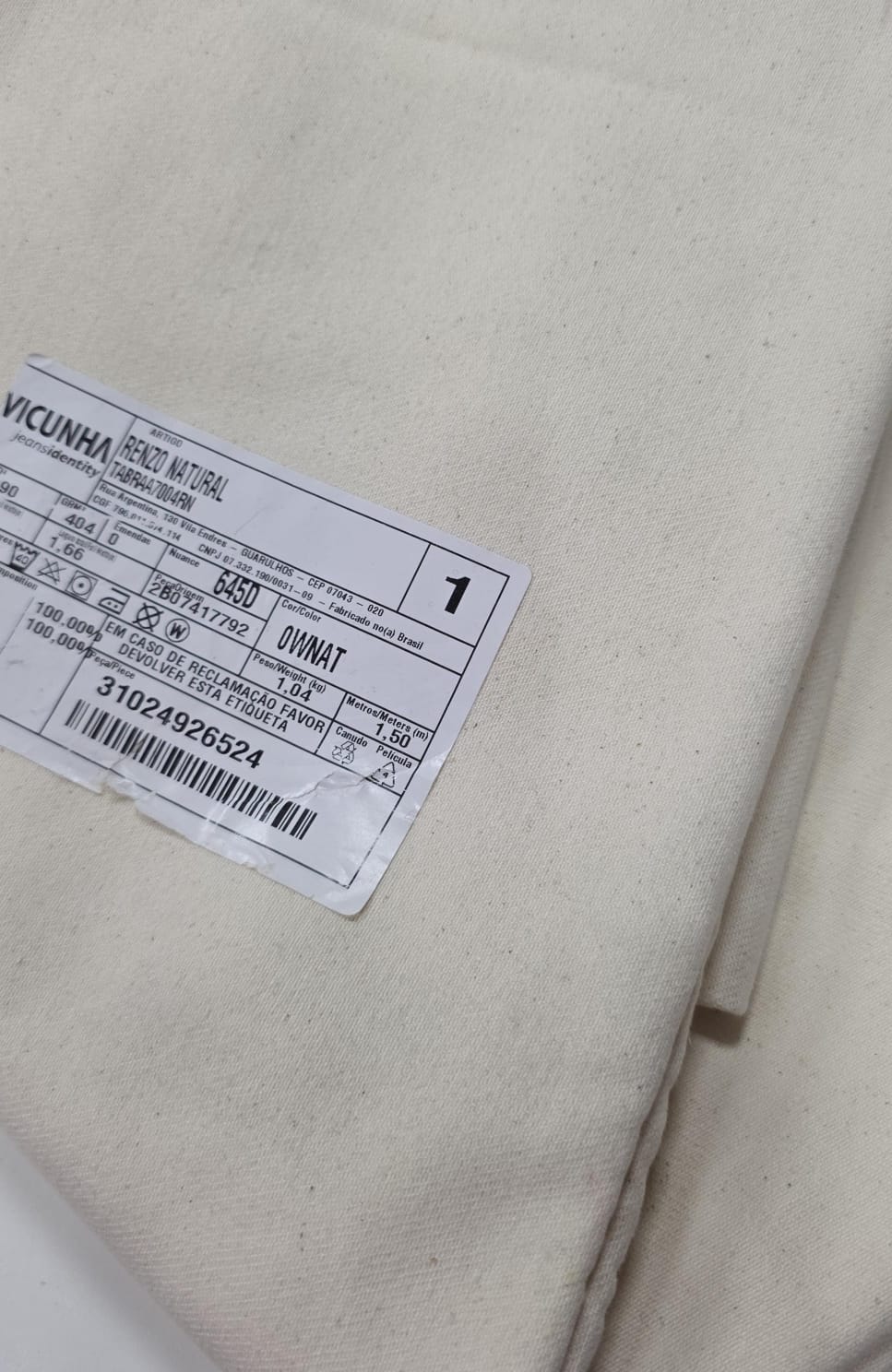 Sarja 100% algodão renzo natural VICUNHA - Comprimento 1,50 m x Largura 1,66 M   -