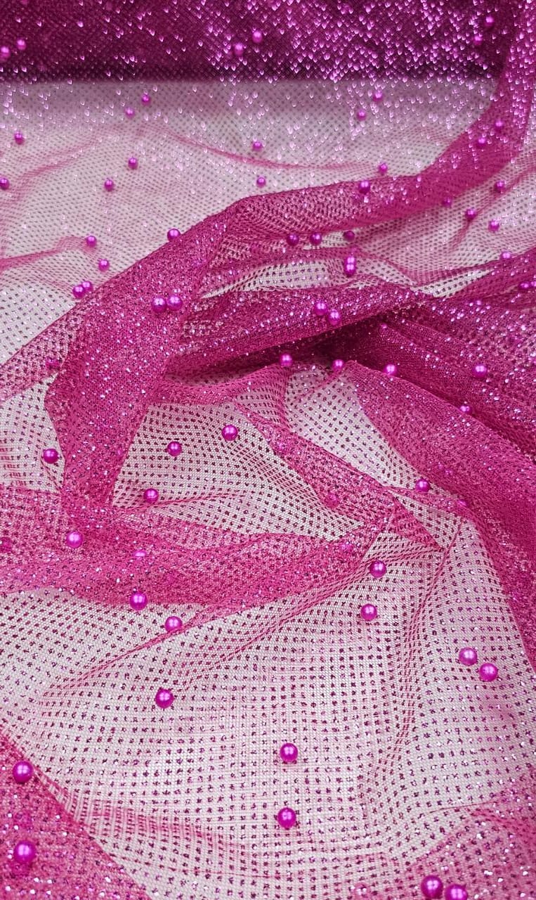 Tule com Glitter e Pérolas Rosa Pink