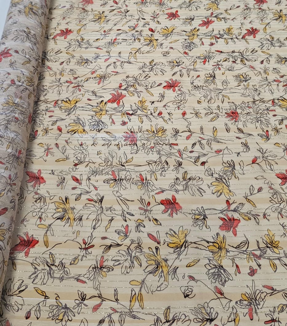 Chiffon de Seda Pura Estampado com Fio Metálico Dourado Só