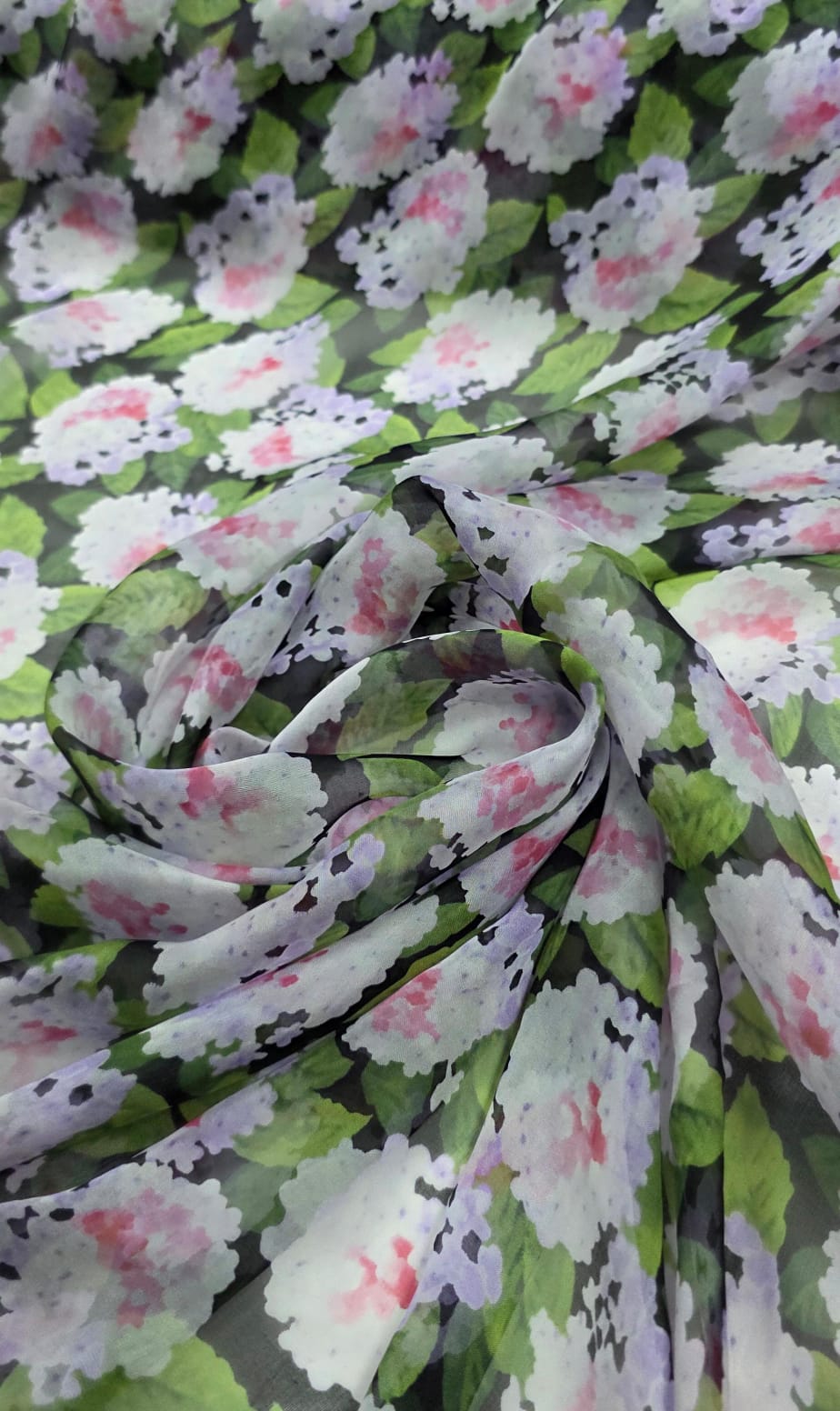 Chiffon de Seda Pura Estampado Floral Preto 07