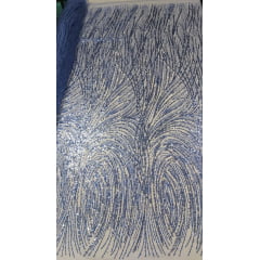 Tule Bordado com Glitter Azul Royal e Paetê Azul Serenity - Comprimento 5,50 metros