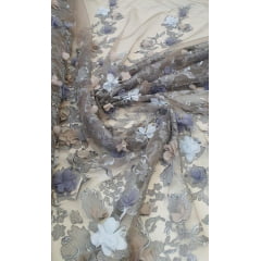 Tule Bordado Primavera 3D Fundo Kaki e Flores em Azul - Largura 1,40 m x Comprimento 2,60 m 