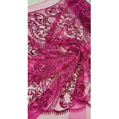 Tule Bordado com Paetês Arabescos Pink 2589 - Largura 1,40 m x Comprimento 1,95 m