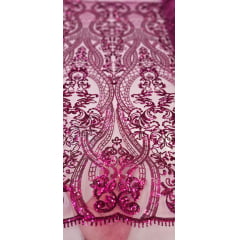 Tule Bordado com Paetês Arabescos Pink 2589 - Largura 1,40 m x Comprimento 1,95 m