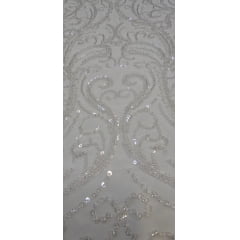 Tule Bordado Arabescos com Pedrarias Premium Branco HS268 - Largura 1,35 m x Comprimento 0,85 cm