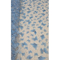 Tule Bordado com Pedrarias Coleção Borboletas Azul Serenity - Largura 1,35 m x Comprimento 0,65 cm
