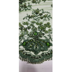 Tule Bordado com Pedrarias Premium Coreana Verde Malva 9146 - Largura 1,30 m x Comprimento 0,90 cm