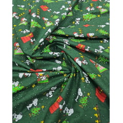 Tricoline Estampado Snoopy Natal Fundo Verde - Fernando Maluhy   - Largura 1,50 m x Comprimento 0,87 cm