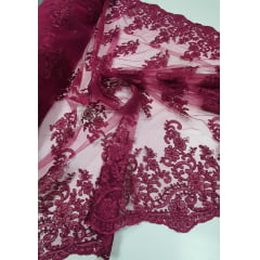 Tule Bordado Europa Bordô com Soutache - Largura 1,40 m x Comprimento 1,60 m 